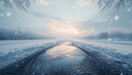 Puddle reflecting the sky on an icy winter road with tire marks, serving as a background for text and interface elements