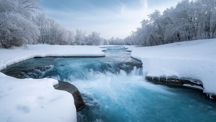 Flowing river with smooth rocks in a snow-covered terrain, highlighting seasonal erosion processes