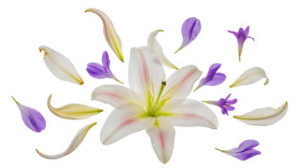 A delicate white lily flower surrounded by scattered petals and stamens in a soft, serene environment