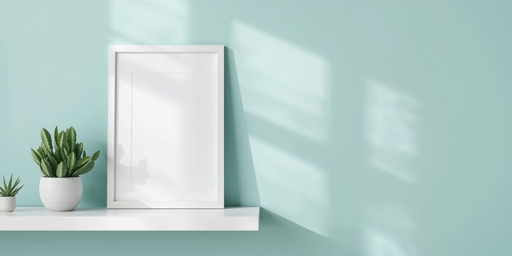 Modern photo frame displaying artwork near a turquoise wall with cactus and moist spider plant cuttings, interior decor