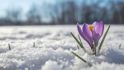 Snow-dusted crocus blooming in a winter garden, seasonal transition, spring growth, Easter, outdoor scene