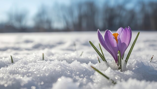 Snow-dusted crocus blooming in a winter garden, seasonal transition, spring growth, Easter, outdoor scene