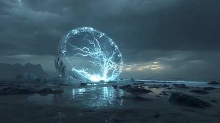A glowing blue lightning storm within a transparent sphere on a rocky beach with a dark and cloudy sky