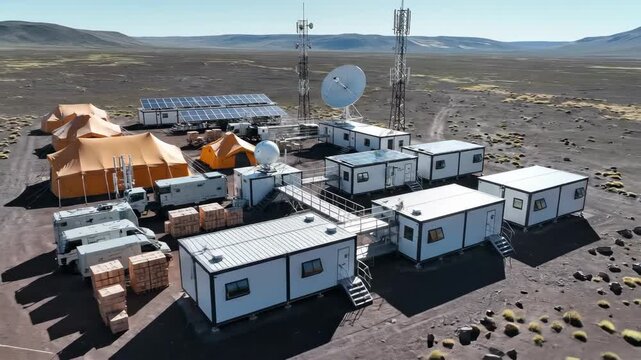 Remote research outpost with modular living spaces and communication equipment, High-altitude arid landscape with research station and tents