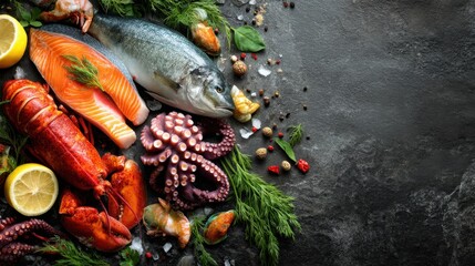 Seafood is arranged on a dark surface. Various types include fish lobster and octopus. Fresh herbs and lemon slices surround the seafood.