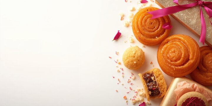 Assorted Indian confections Jalebi Imarti Laddu and Gujiya arranged on a plain background, ideal for cultural display