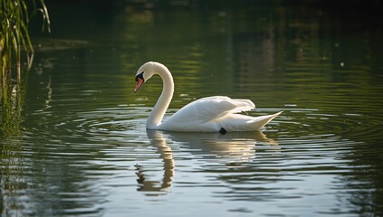 Naklejka premium Elegant white swan gliding on water with mirror reflection, ideal for editorial header backgrounds