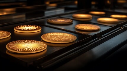 Golden pancakes cooking on a contemporary griddle with panca pattern, warm lighting, close up shot