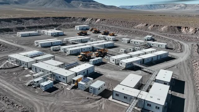Modular mining camp buildings and heavy equipment in a barren desert landscape, Aerial view of a remote mining site with temporary structures and trucks