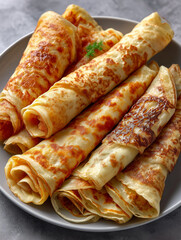 Rolled golden crepes filling a grey plate