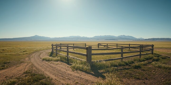 A rustic corral enclosed by wooden railings amidst open grassy land in western Nevada, focusing on farm infrastructure