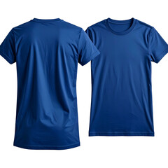 Two views of a deep blue crew neck t-shirt front and back, isolated on black