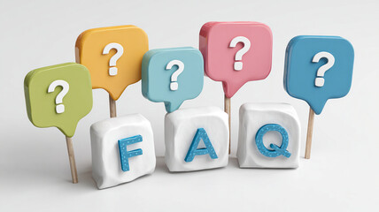 FAQ blocks with colorful question icons and playful emotion