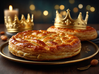 Golden galette des rois cake and festive crowns
