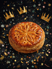 Galette des rois cake with golden crowns confetti