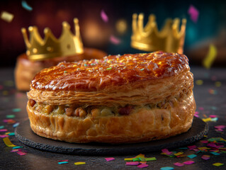 Galette des rois celebrating epiphany with confetti