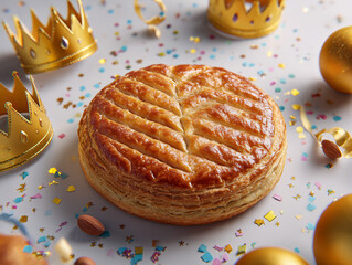 Galette des rois celebrating epiphany with golden crowns