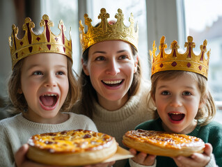 Family celebrating epiphany with galette des rois wearing crowns