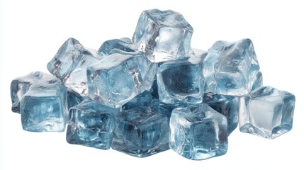 Obraz premium Clear ice cubes are placed in a pile on a smooth white surface. They appear shiny and transparent. The light makes the ice look appealing for a drink.
