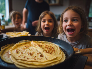 Children excitedly watching pancakes cooking for family breakfast