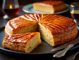 Galette des rois with slice and frangipane filling