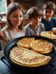 Kids watching fresh pancakes cooking in a skillet