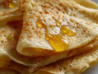 Crepes with golden honey dripping on breakfast dessert
