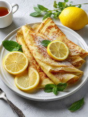 Crepes with lemon slices and powdered sugar