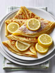 Crepes with lemon slices and powdered sugar