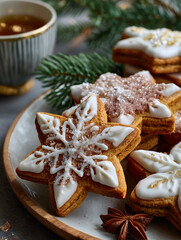Gingerbread cookies with snowflake icing and festive tea