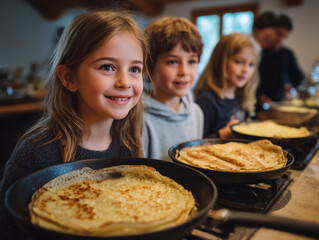 Happy children cooking pancakes in kitchen at home