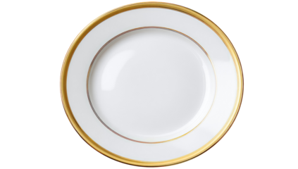 A round, white dinner plate with a gold rim