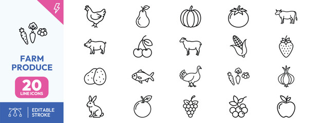 Farm produce icons including fruits and animals