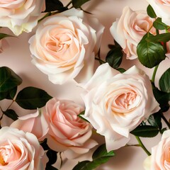 Seamless Pattern Delicate pink roses with lush green leaves.