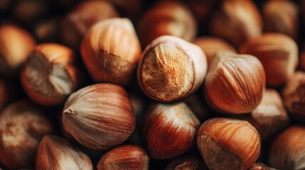 A group of hazelnuts is seen close together. They show their brown shells and unique shapes. The nuts are placed on a plain surface. The light highlights their texture.