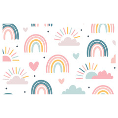 Cute scandinavian childish seamless pattern with trendy hand drawn rainbows