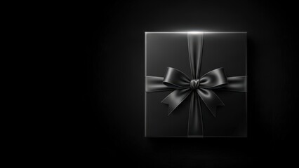 Elegant Black Gift Box with Satin Ribbon on Dark Background.