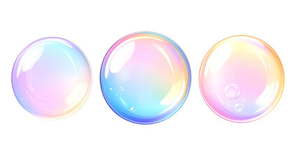 Three translucent, iridescent bubbles of varying sizes against a black background