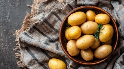 A collection of fresh, round potatoes sit in a wooden bowl, placed on a rustic textured fabric. The scene is warm and inviting, ideal for concepts related to natural food, organic produce, and country