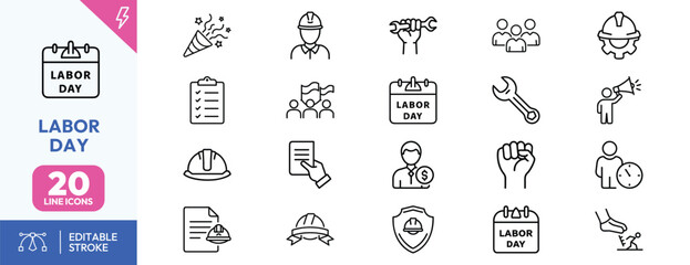 Labor Day icons set for celebrations and worker themes