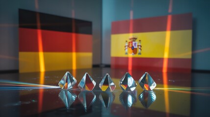 German and Spanish flags with crystal prisms reflecting light