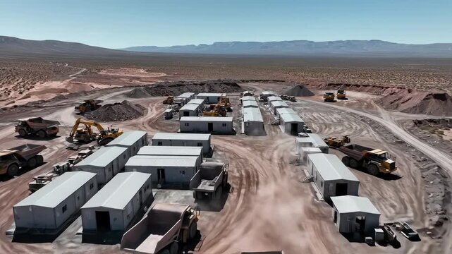 Mining Exploration Camp with Heavy Machinery and Modular Buildings, Desert Landscape with Mountains in the Background, Active Construction Site with Mining Trucks and Excavators