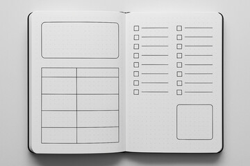 Open bullet journal spread with a clean black and white layout, featuring checklist boxes, calendar blocks, and a minimalist planning grid for productivity.
