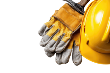 Close-up of used yellow safety equipment.  Safety gloves and hard hat