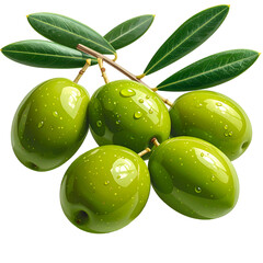 Realistic close-up of a sprig of fresh green olives with water droplets, leaves, and stem