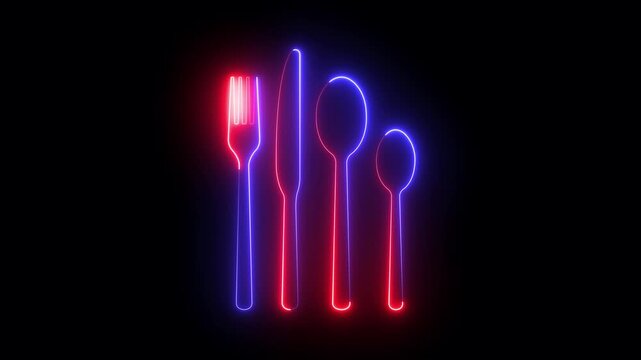 neon Spoon fork knife icon animation on black background. restaurant symbol. 4k video animation.