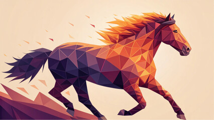 A low-poly masterpiece blends warm purples and oranges in full gallop.