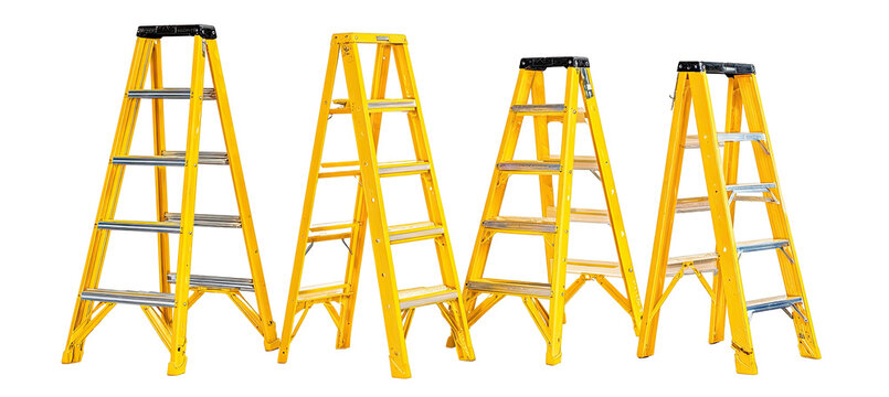 Multiple yellow A-frame step ladders of varying heights