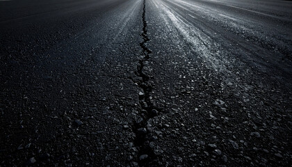 Close-up of a cracked black asphalt road surface, ideal for use as a texture background or for depicting decay, urban environment, and grunge design elements.