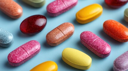 Different shapes and colors of vitamins and supplements are arranged on a blue background. The scene shows multicolored capsules and chewable tablets.